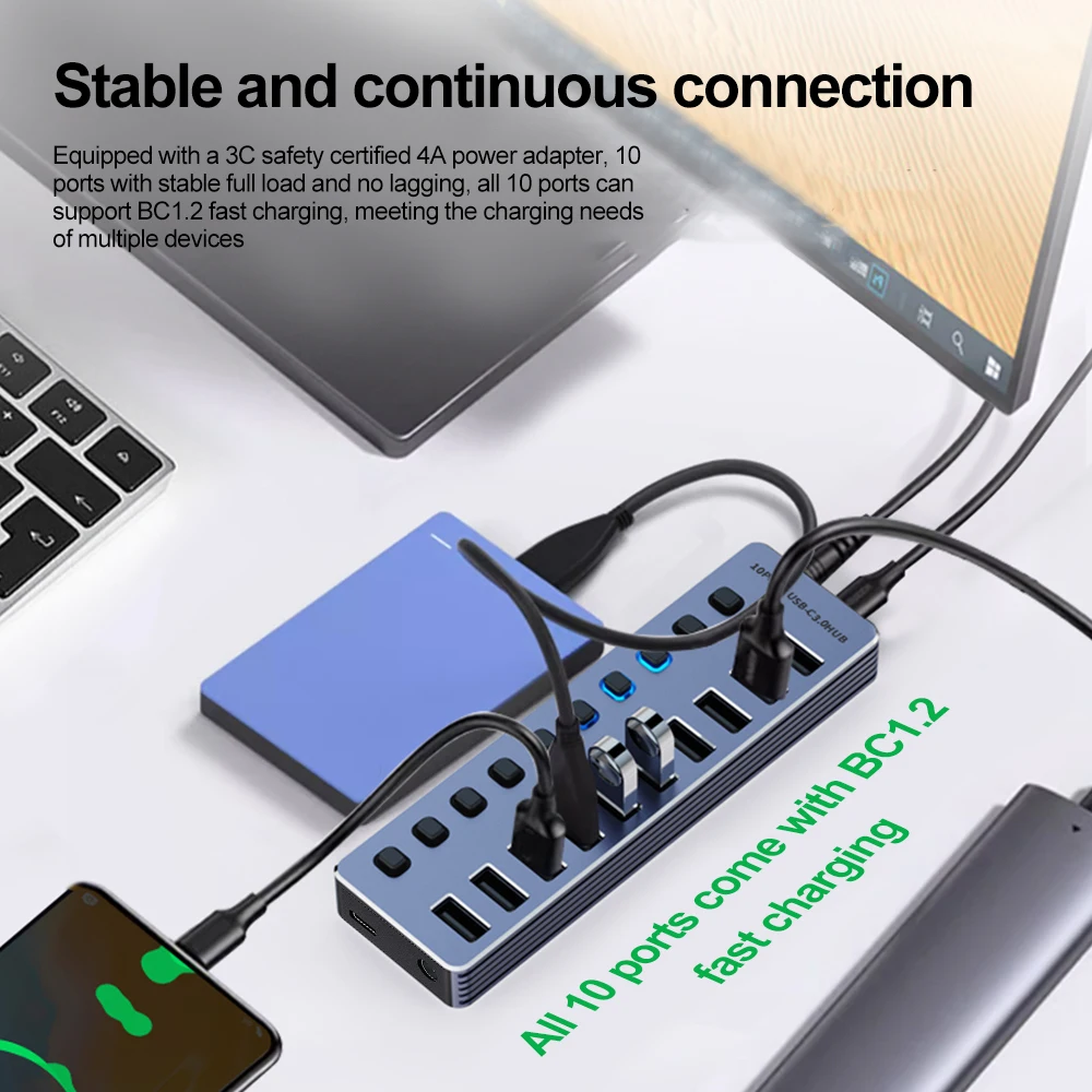 HUB USB alimentado 10/7 en 1,  - Usb Hub 7 Port reseña y precio